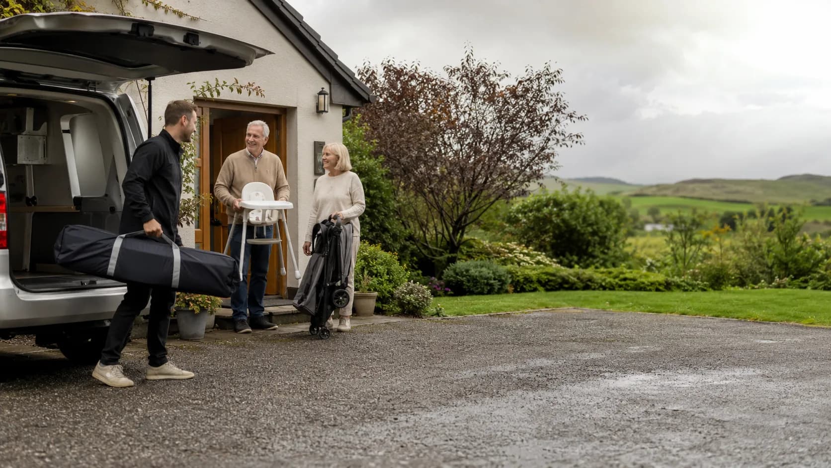 Crew delivering a cot and high chair to an bungalow in Ireland
