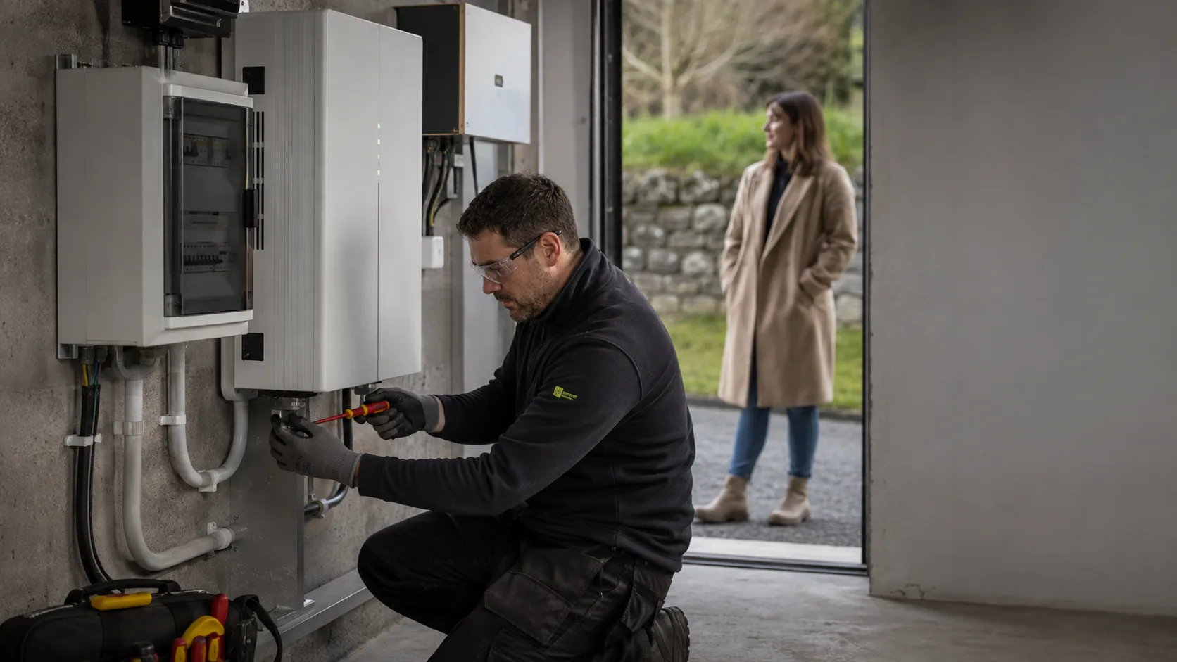 An installer mounting a home battery on a garage wall in Ireland