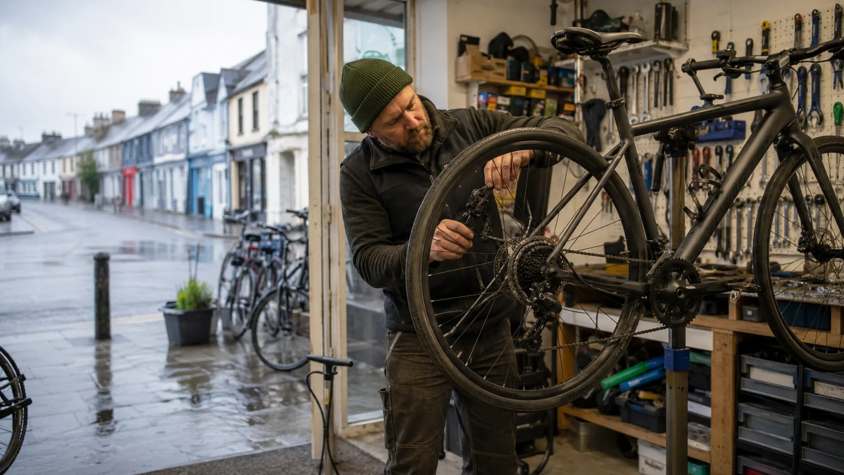 A mechanic working on a bike in a repair stand in a workshop in Ireland