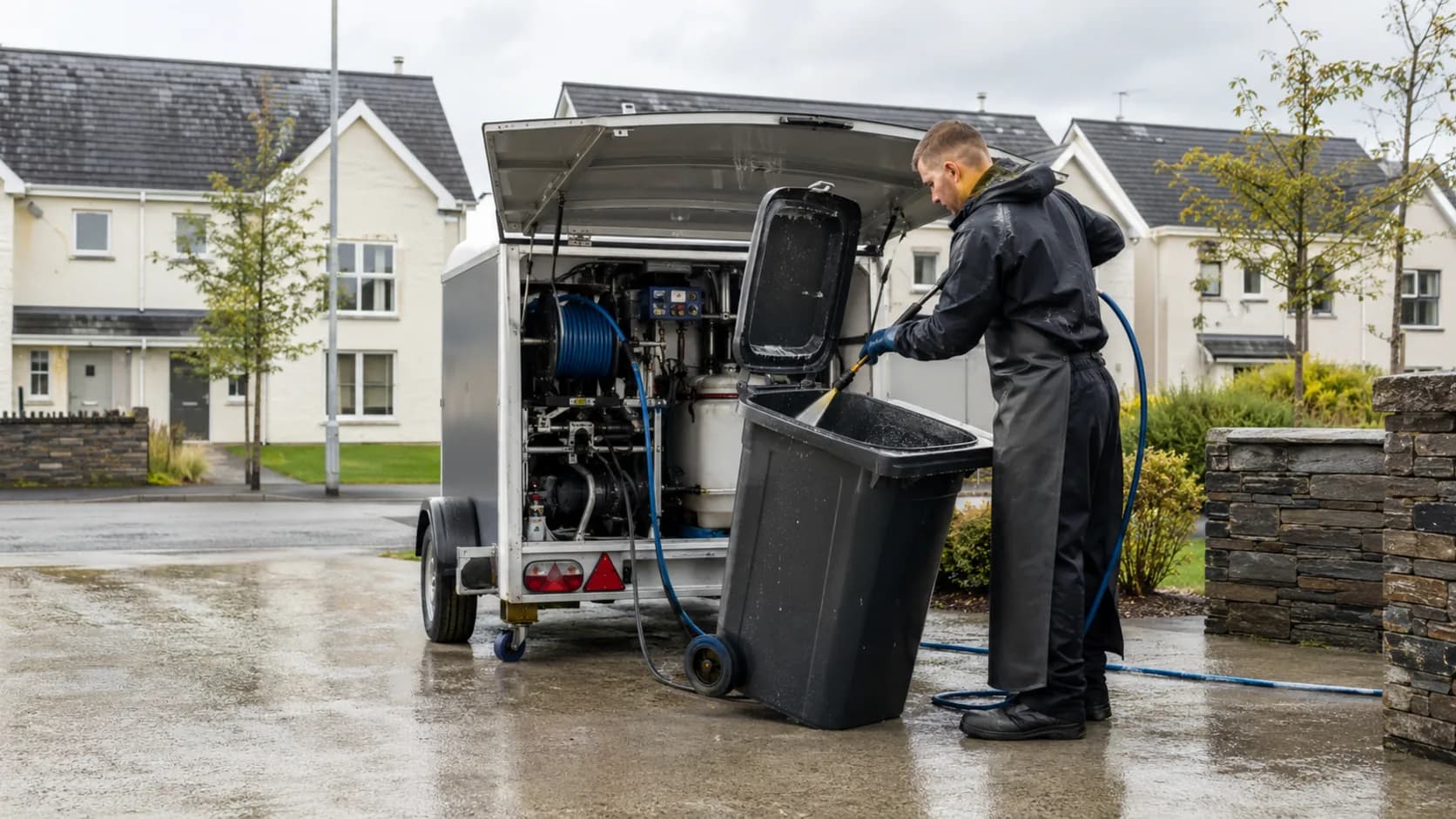 A wheeled bin being cleaned outside a home in Ireland