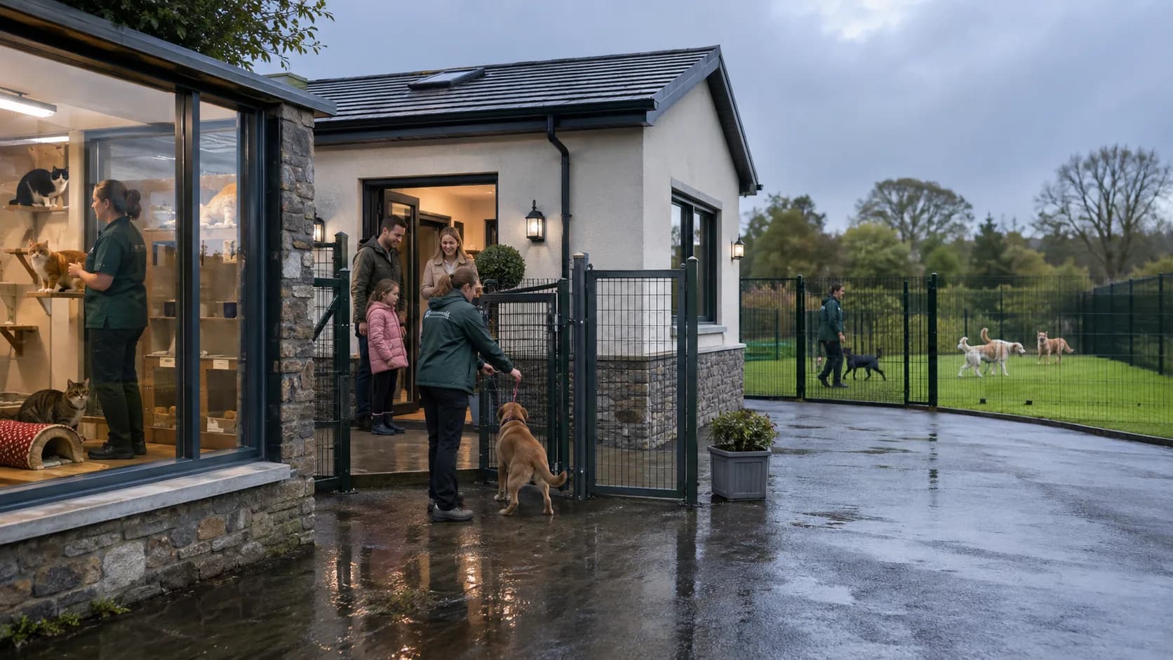 Customers arrive at an Irish kennel run or cat pen during a booked session