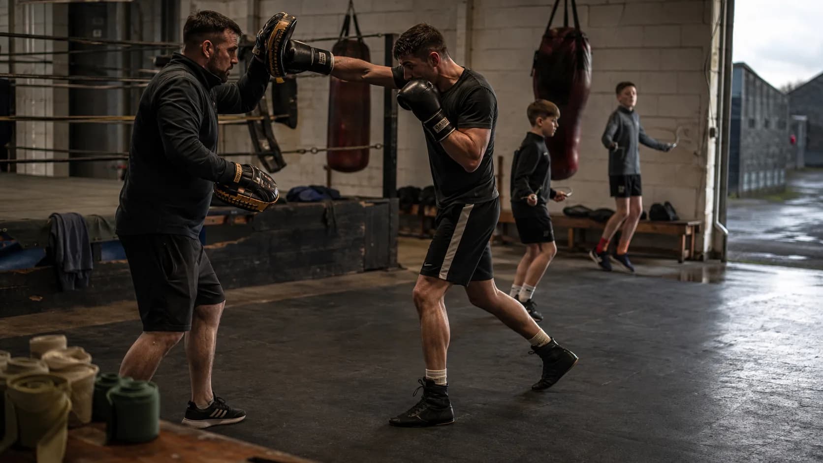 A boxing coach works the pads during an active gym class in Ireland