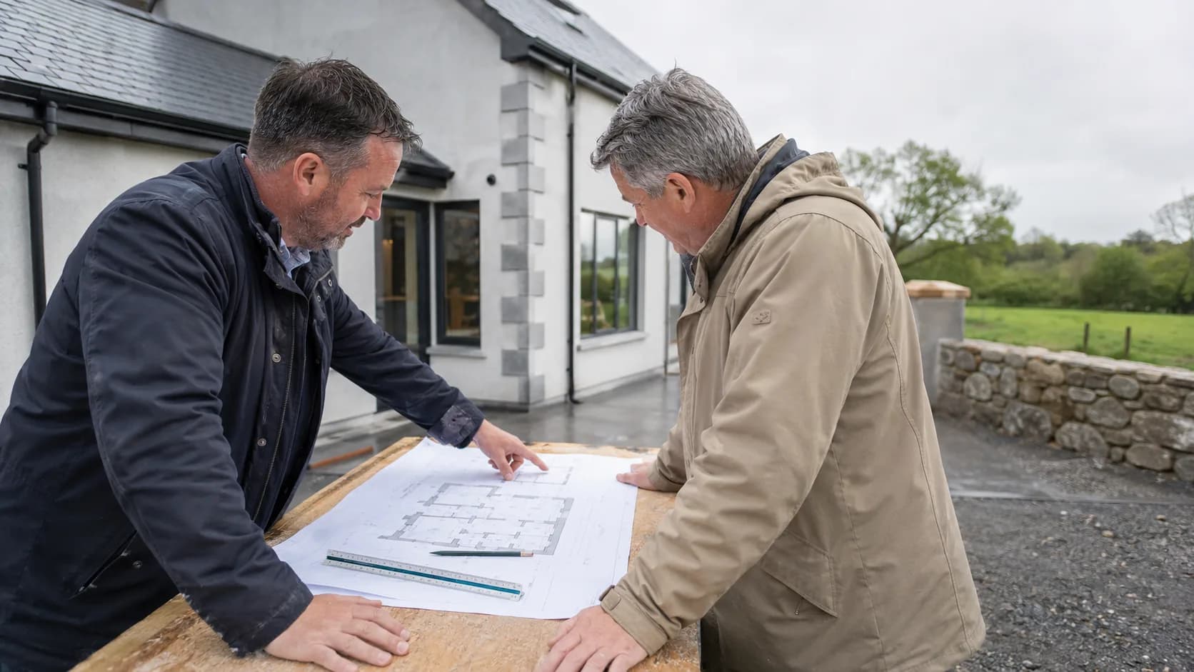 A building designer reviews residential plans with a client in Ireland