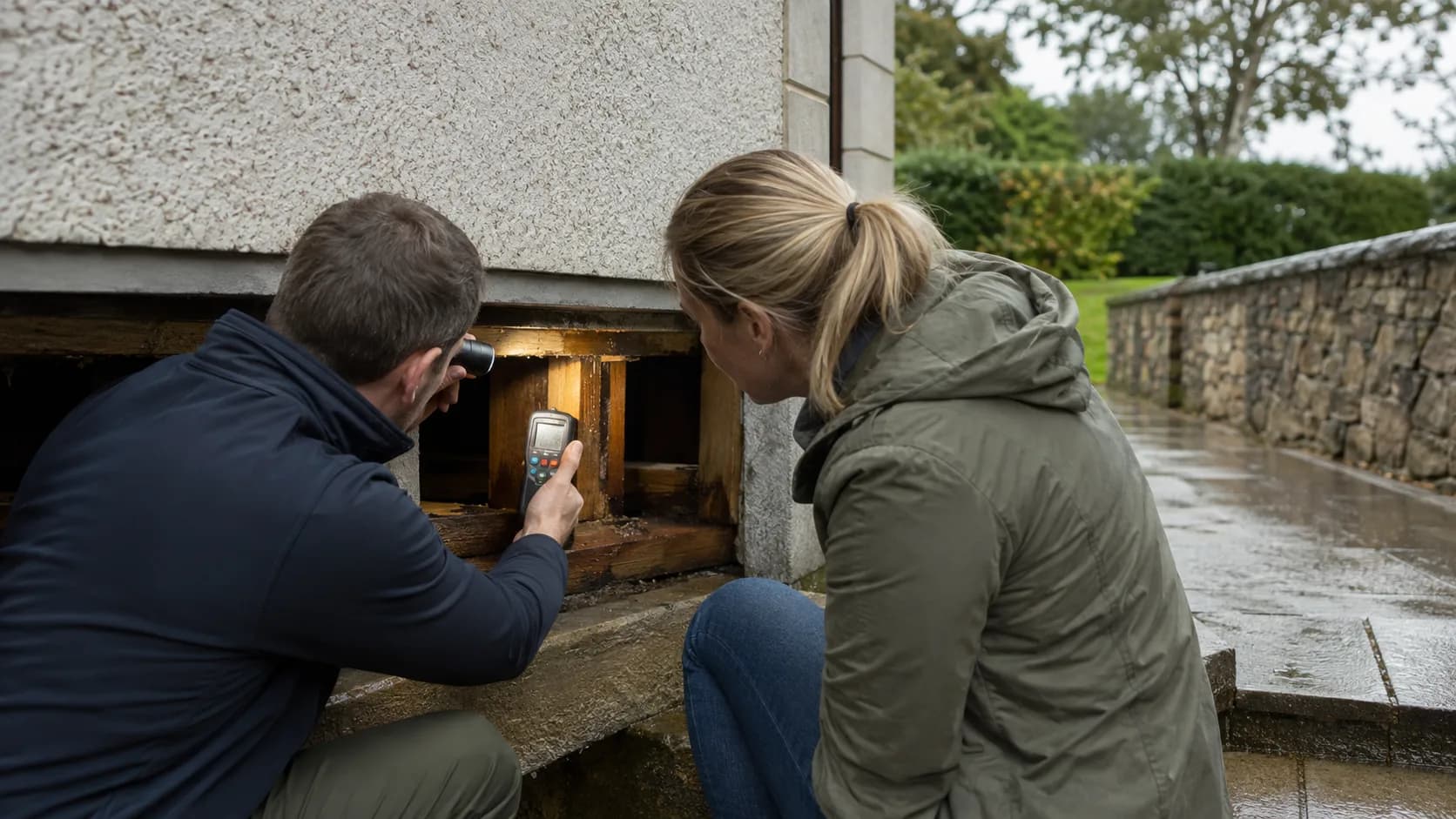 An inspector checks a timber junction during a home visit in Ireland