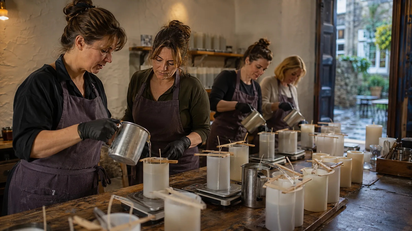 A tutor trimming wicks beside cooling candles at a craft workshop bench in Ireland