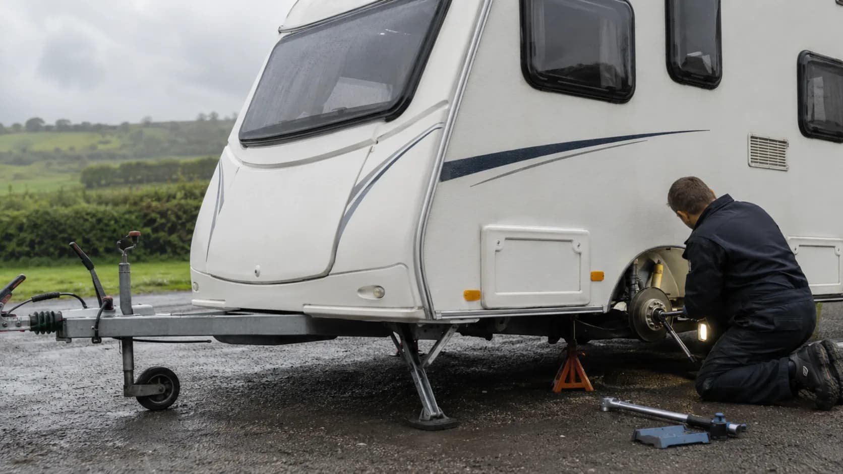 A caravan up on stands in a service workshop in Ireland