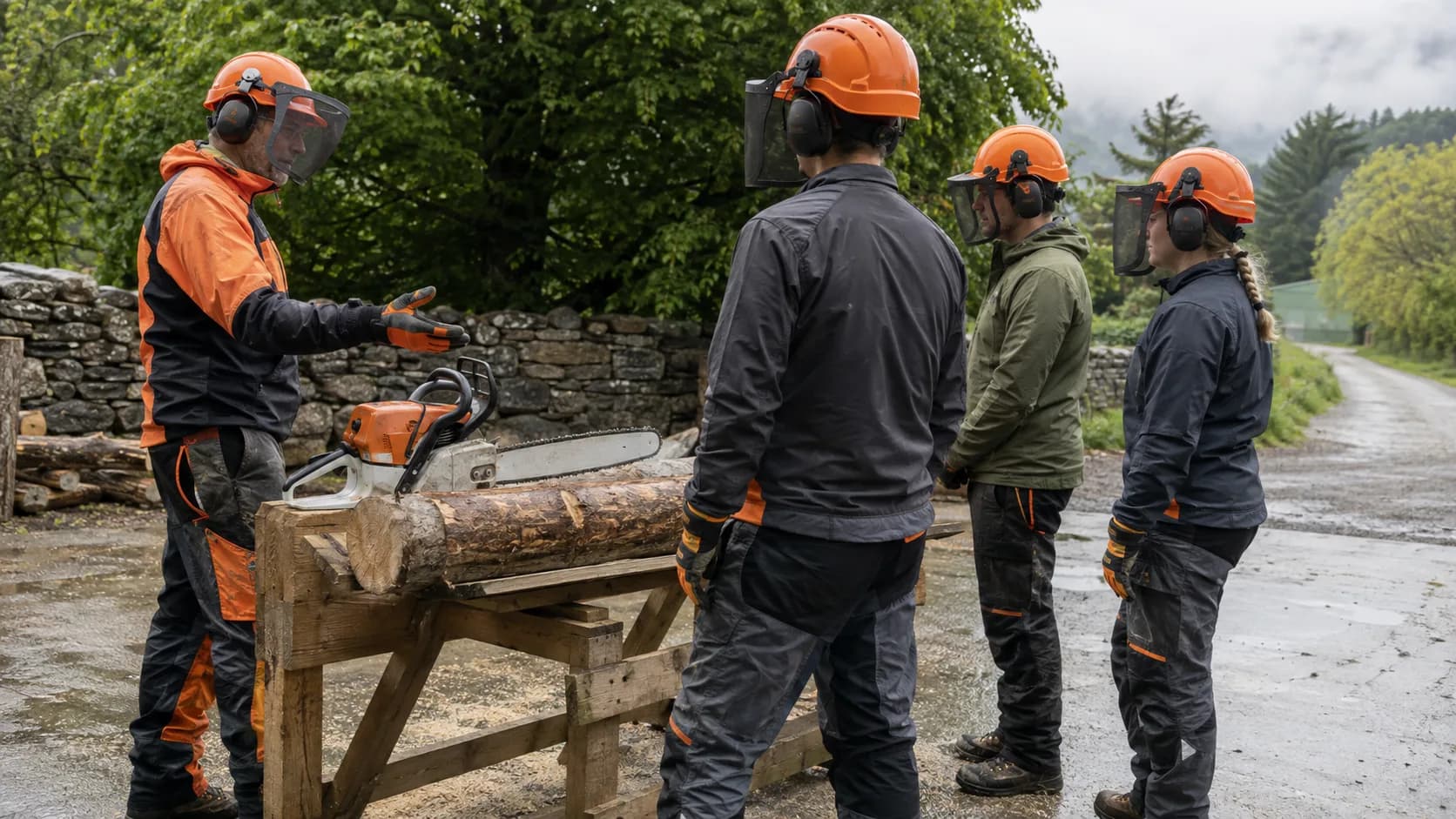 Trainer checks protective equipment beside a supervised chainsaw practice station in Ireland