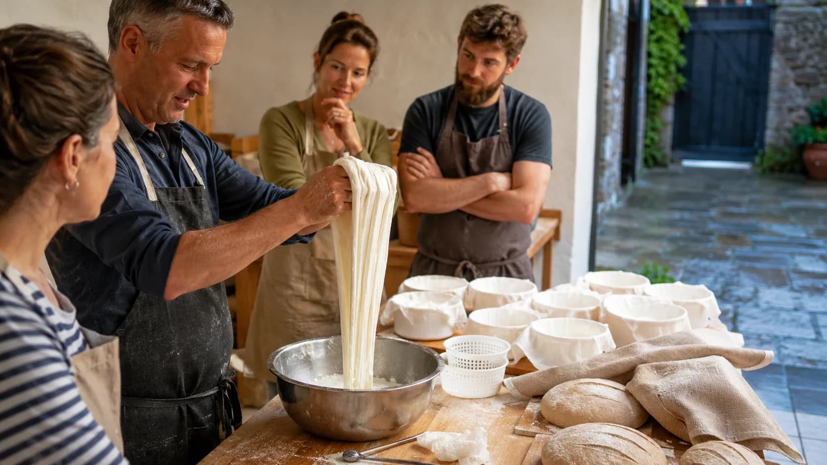 A food tutor guides learners shaping sourdough and making fresh cheese in Ireland