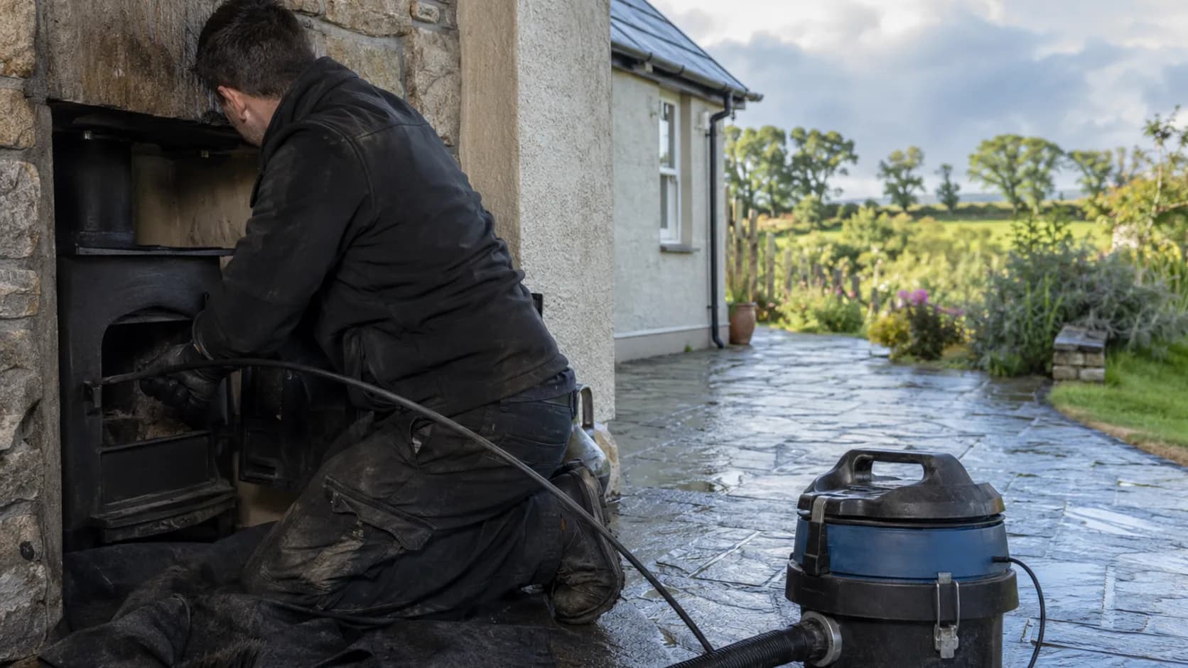 A chimney sweep brushing a flue in Ireland