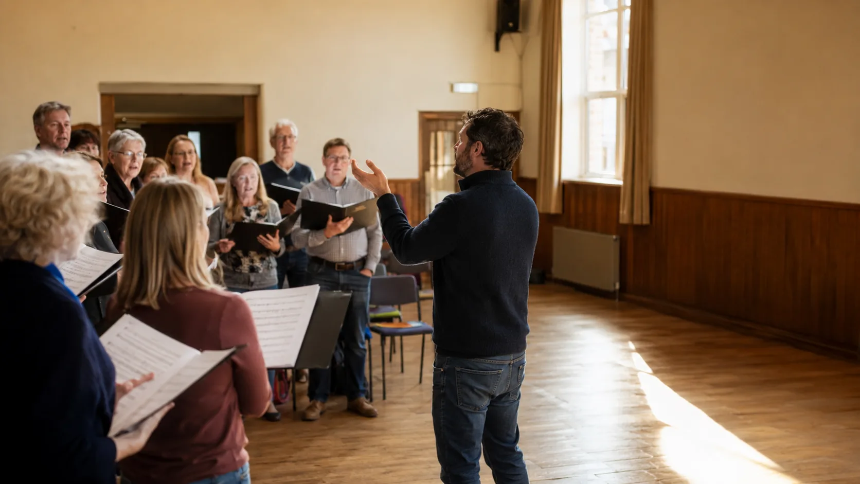 Community choir rehearsing with a conductor in a parish hall in Ireland