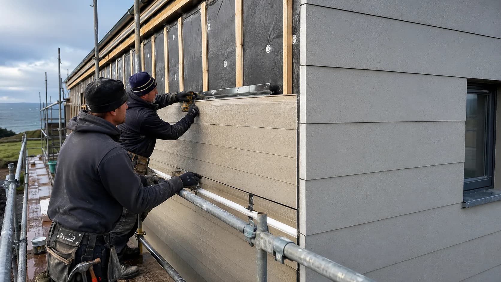 Installers hanging cladding boards on a house in Ireland