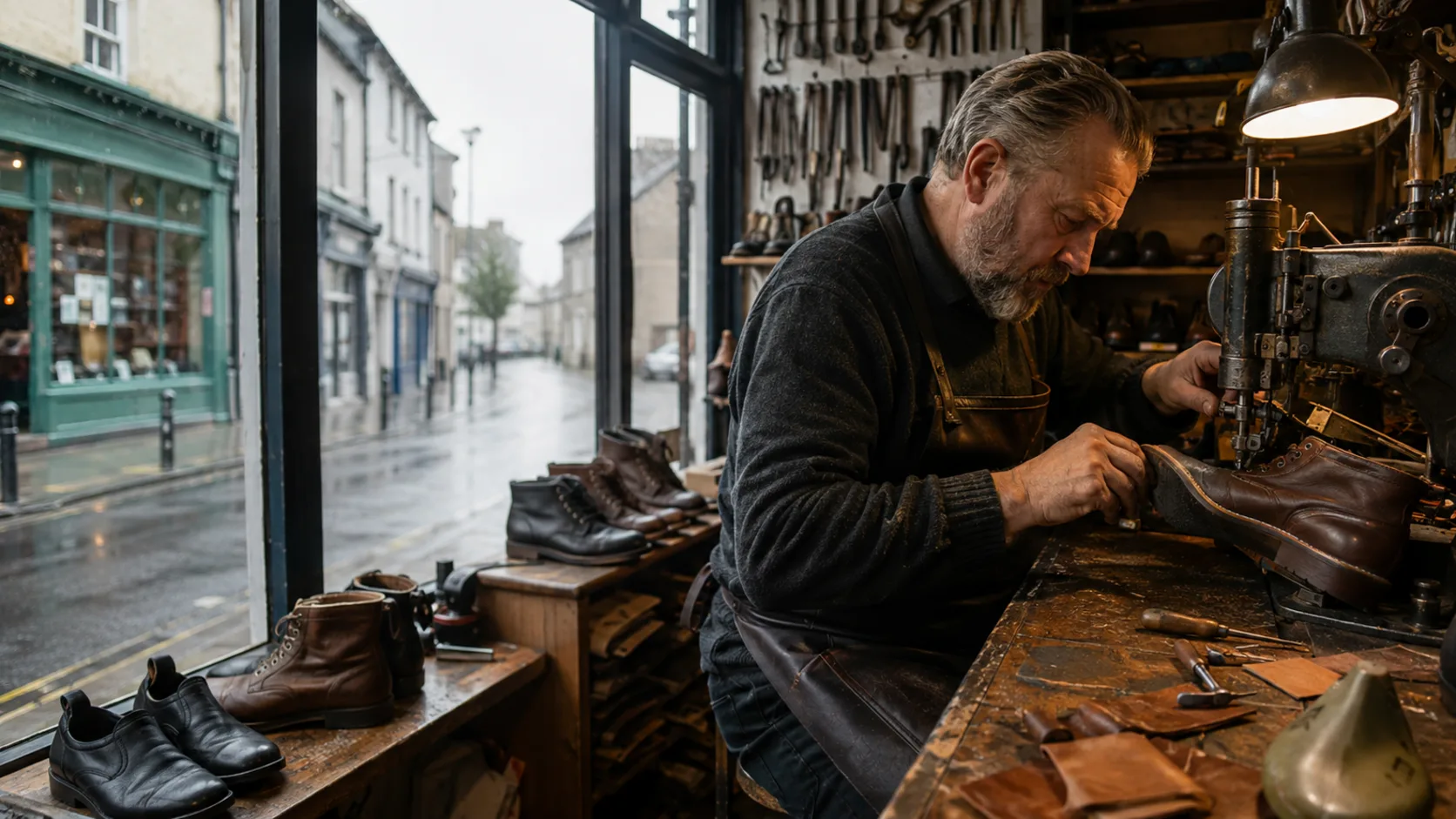 A cobbler stitching a sole at the bench of a shoe repair shop in Ireland