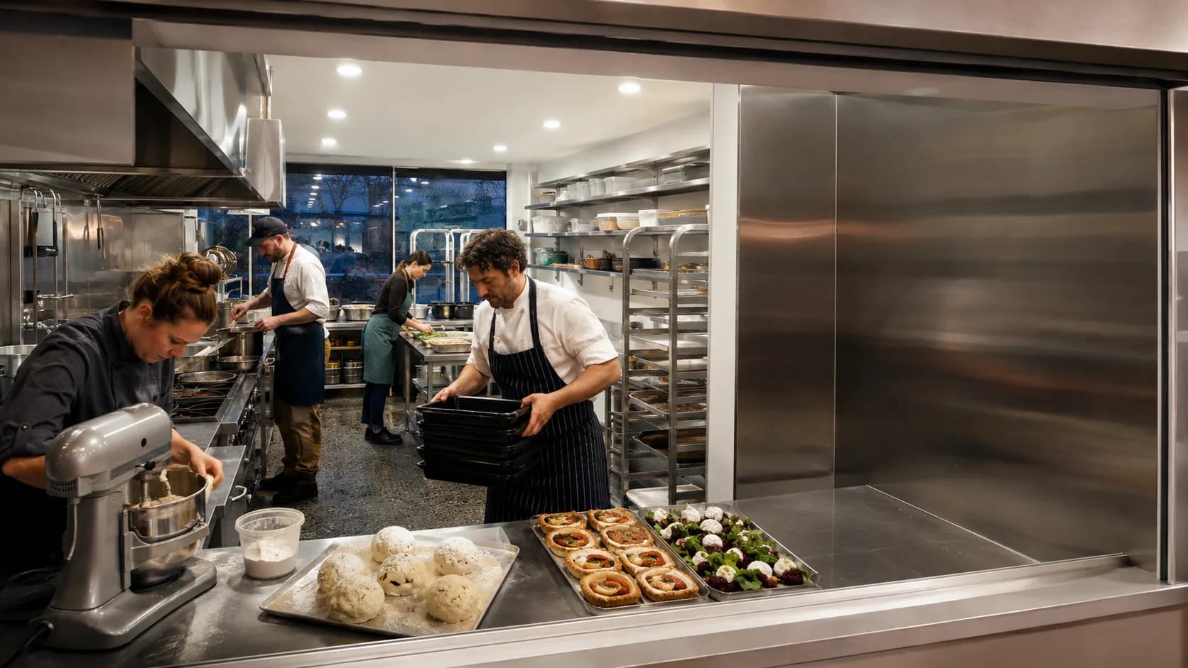 Food producers work across a busy shared kitchen during preparation