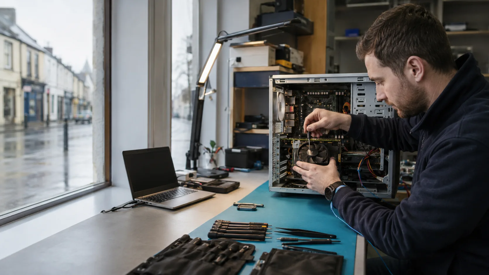 A technician working on an opened laptop at a repair bench in Ireland