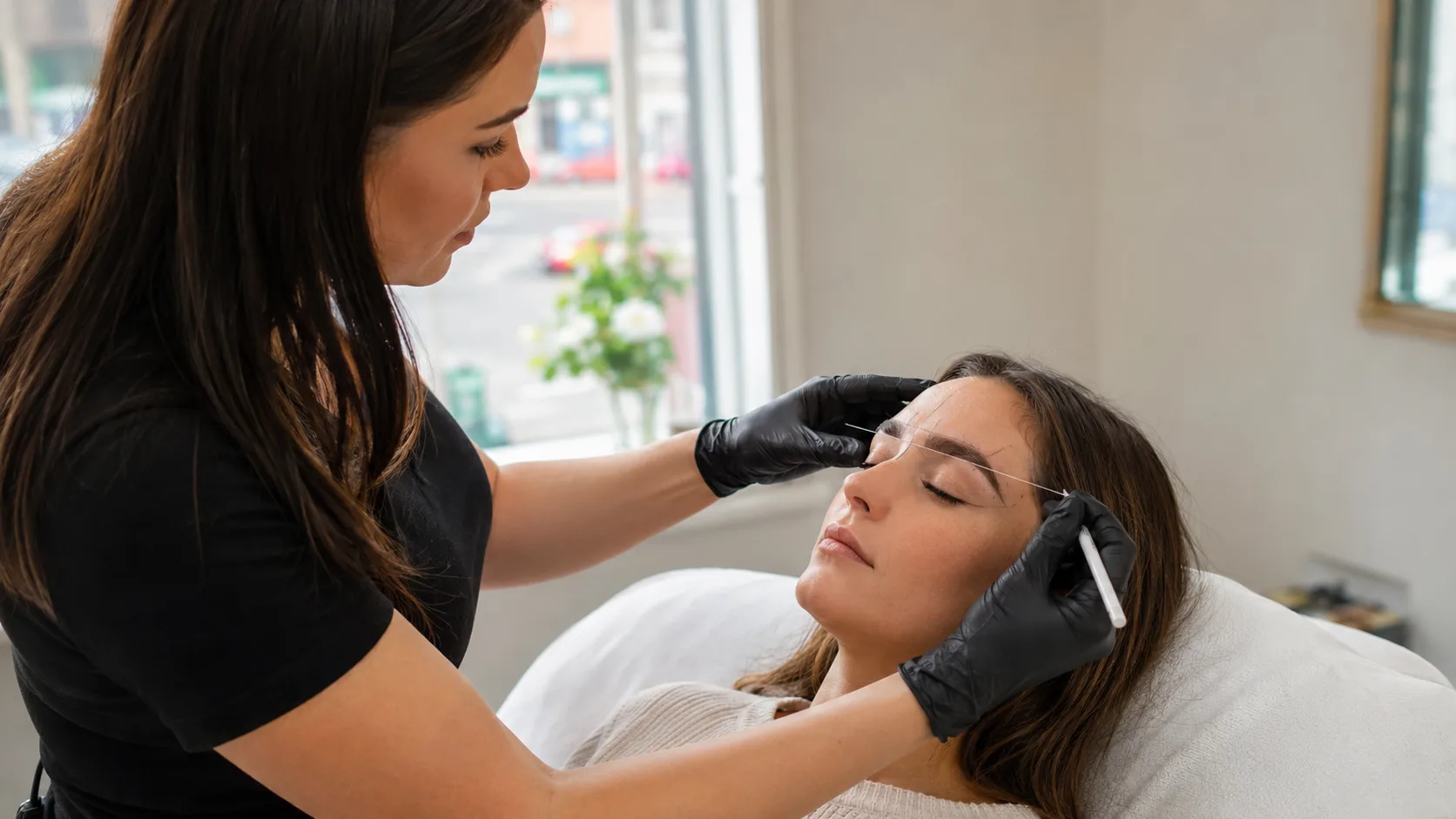 Cosmetic tattoo artist mapping a client’s brows inside a town-centre studio in Ireland