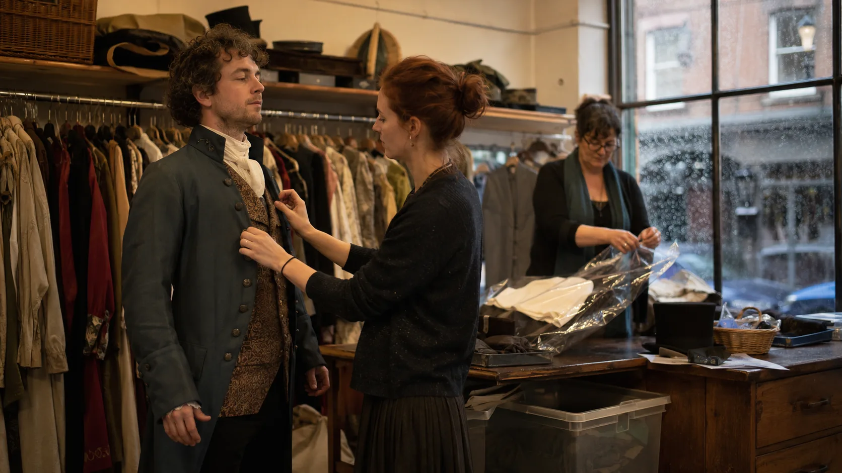 Customer receiving a fitted costume inside a theatre shop in Ireland