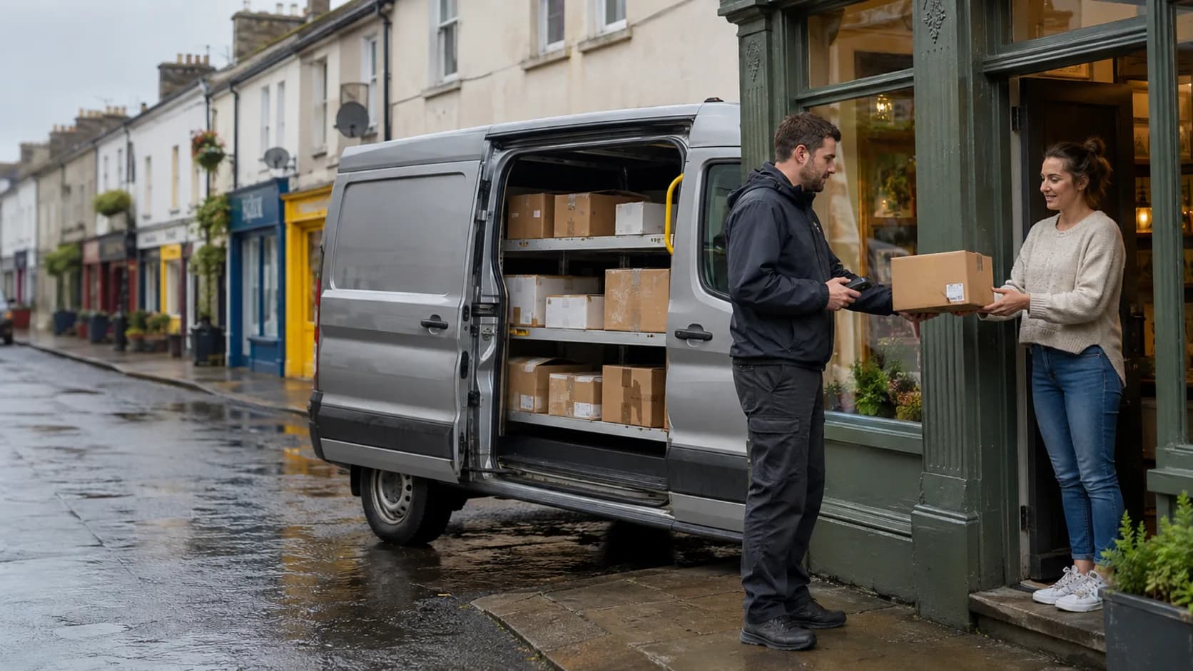 A driver loads a pallet onto a tail-lift van on an Irish business park road