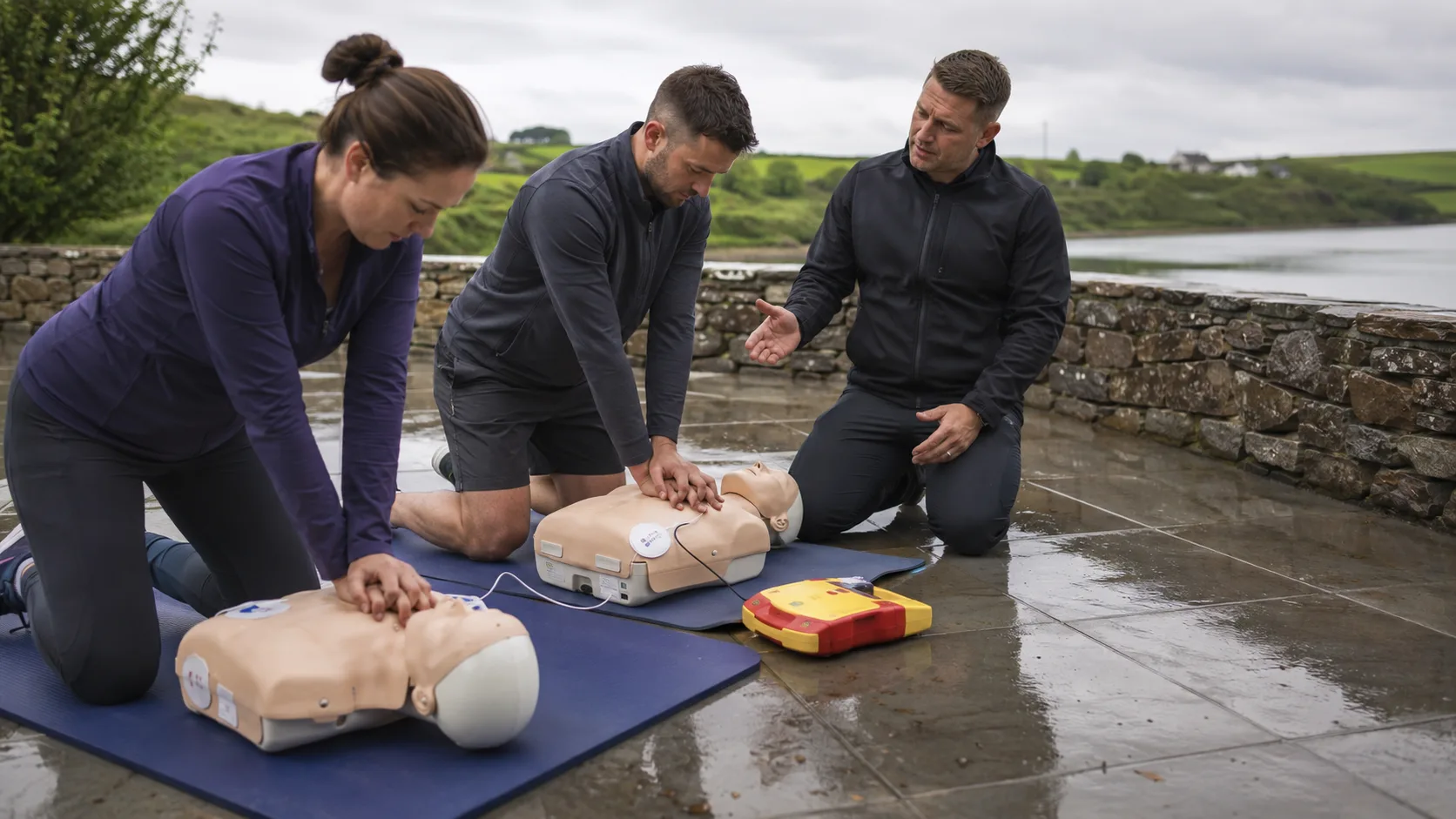 Learners practise chest compressions with manikins during a CPR refresher class in Ireland