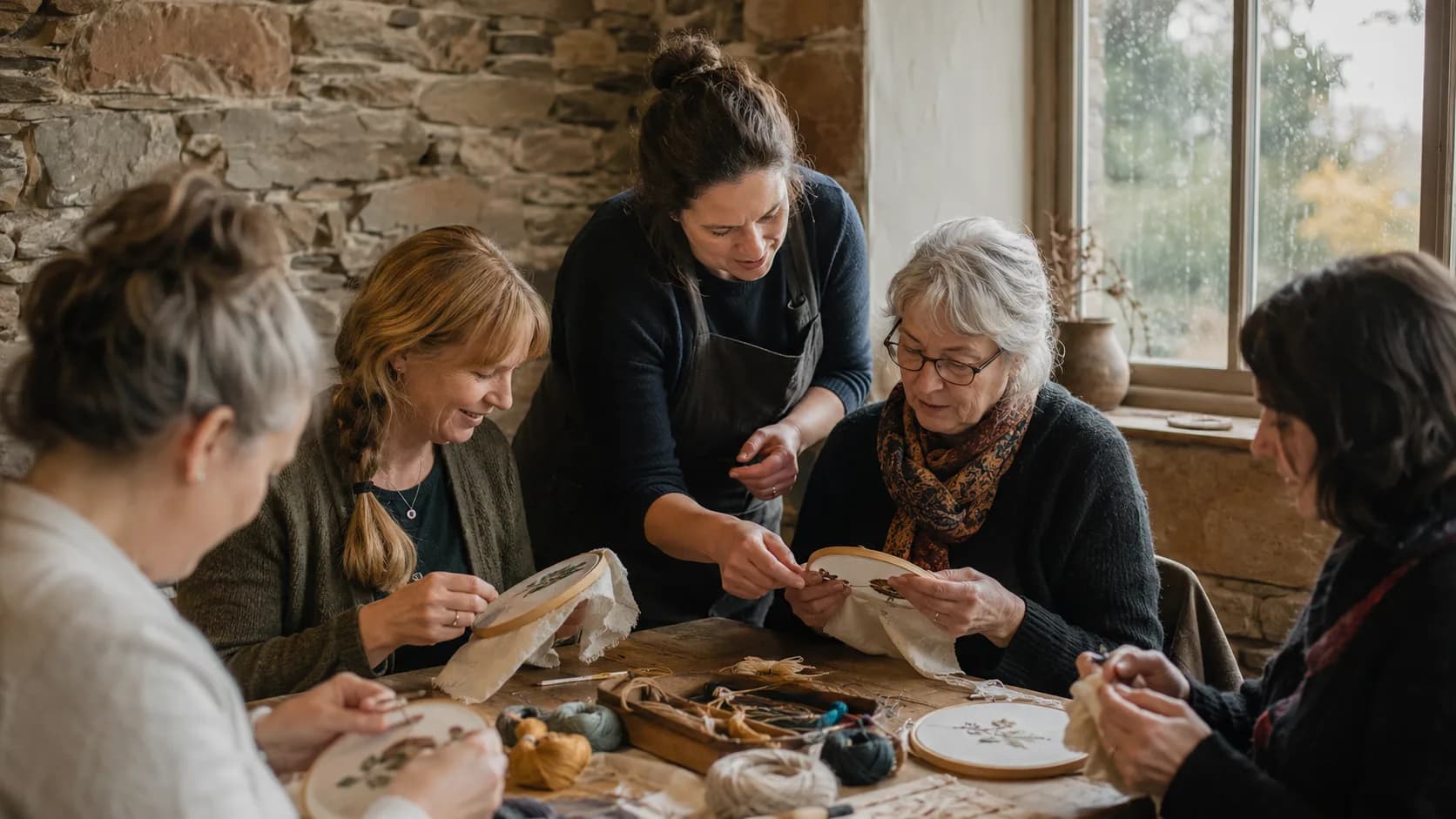 Tutor leading a textile craft class in a warm studio in Ireland