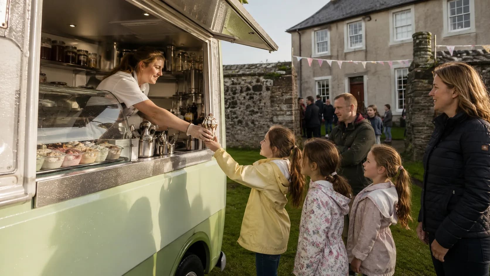 dessert van serving a community fete on wet green grounds in Ireland