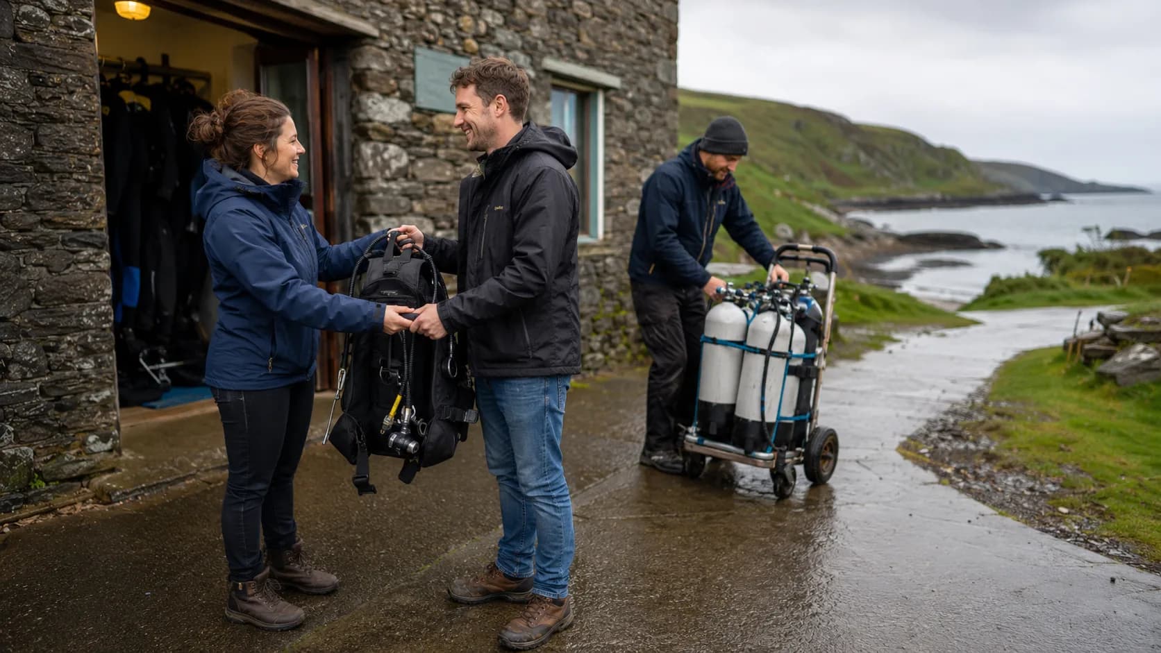 Diver receiving a checked equipment kit at a coastal shop in Ireland