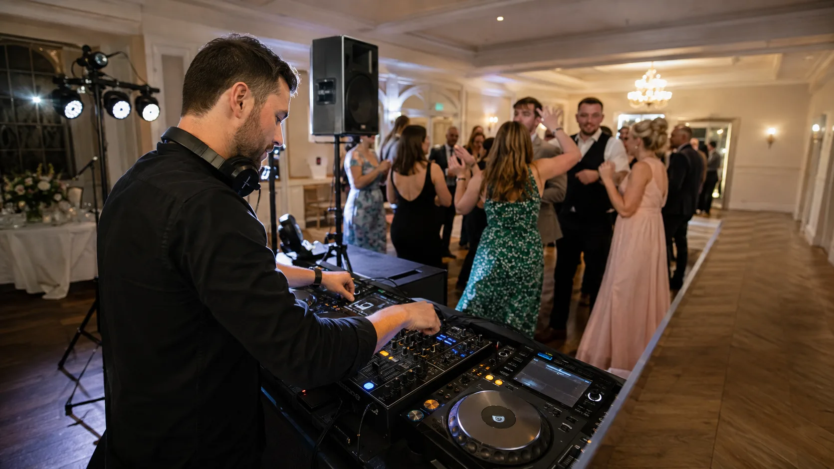 Professional DJ mixing beside a busy wedding dance floor in Ireland