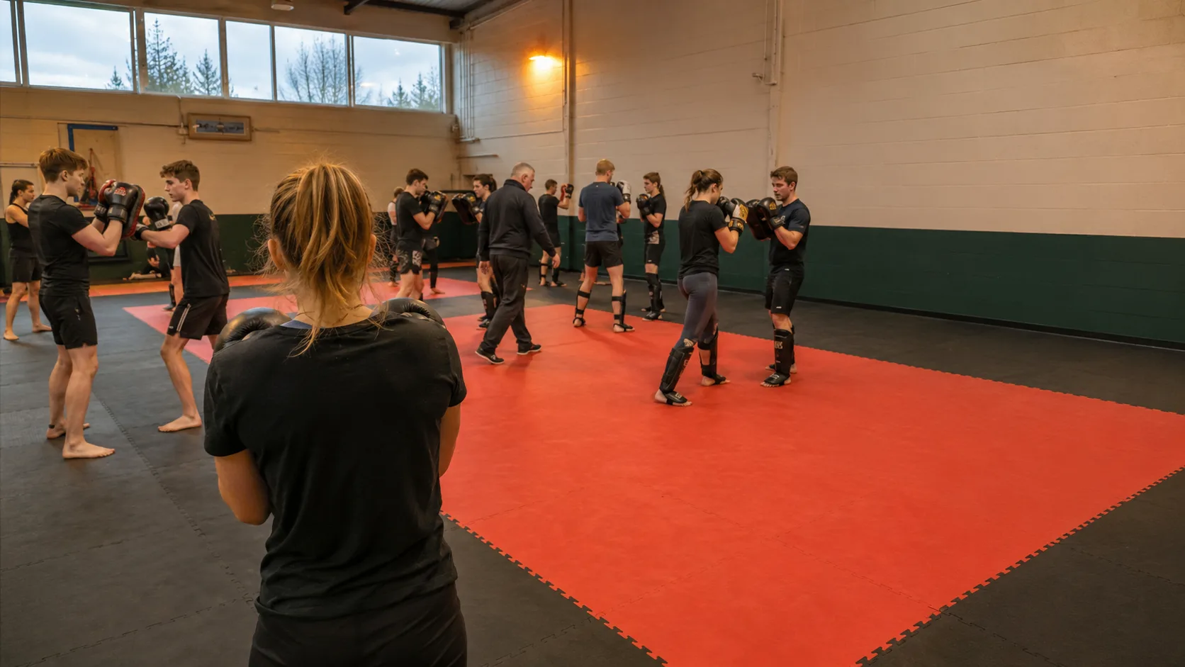 Students practise on bright dojo mats at an Irish community venue