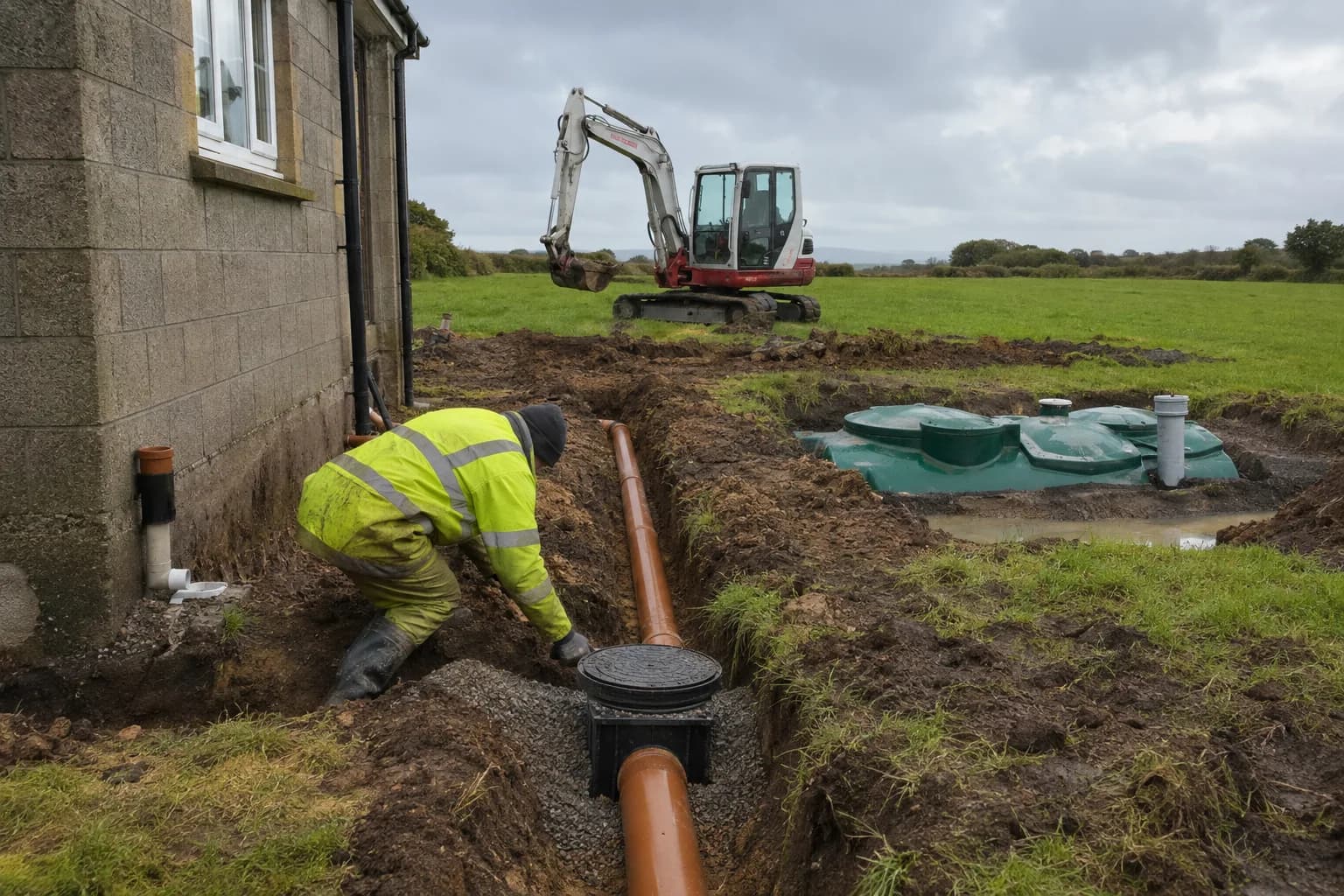 A drainage contractor feeding a jetting hose into a chamber in Ireland