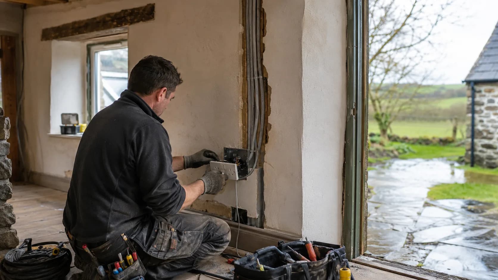 An electrician at work in a bright modern home in Ireland