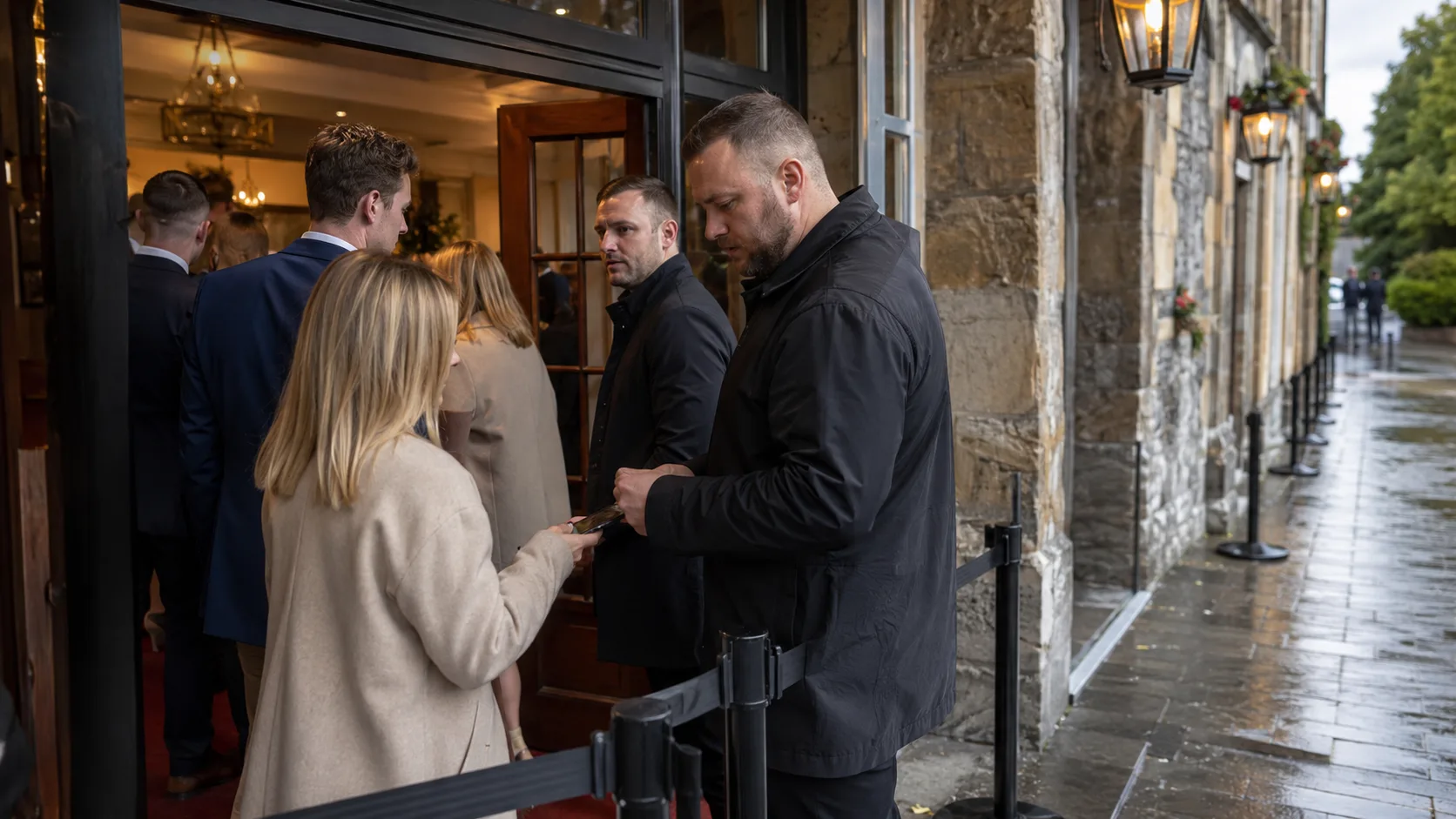 Event security staff calmly managing guest entry at a booked event in Ireland