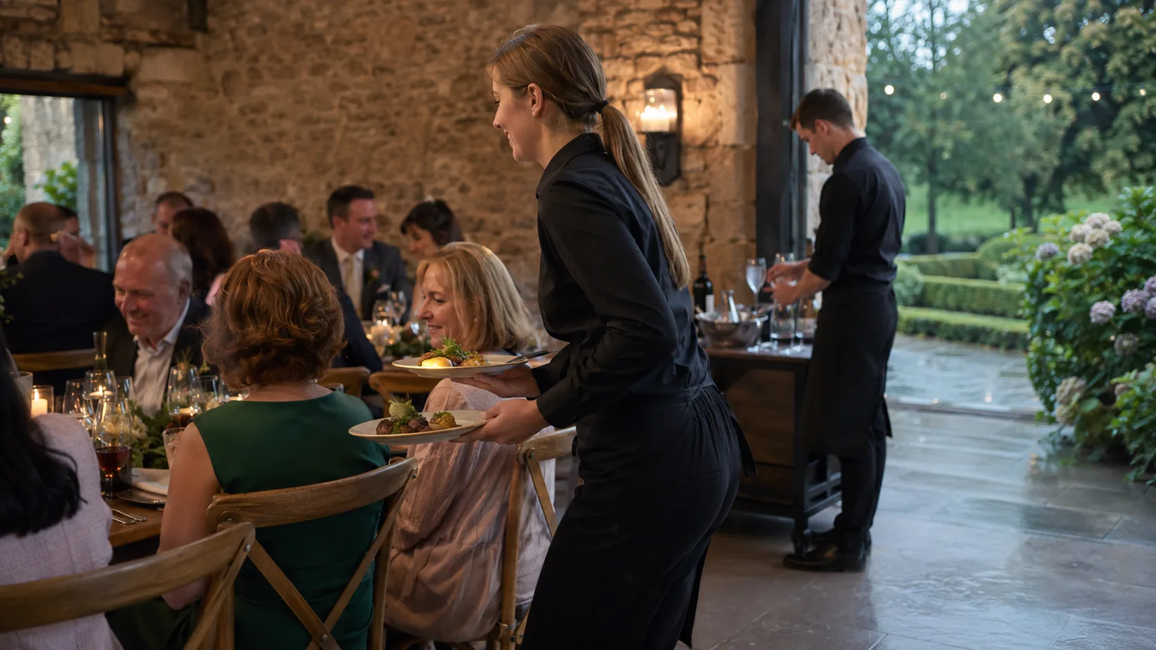 event crew serving dinner inside a restored stone venue in Ireland