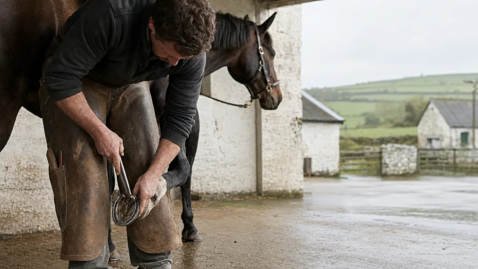 A farrier fits a shoe in a stone-walled yard with green fields behind