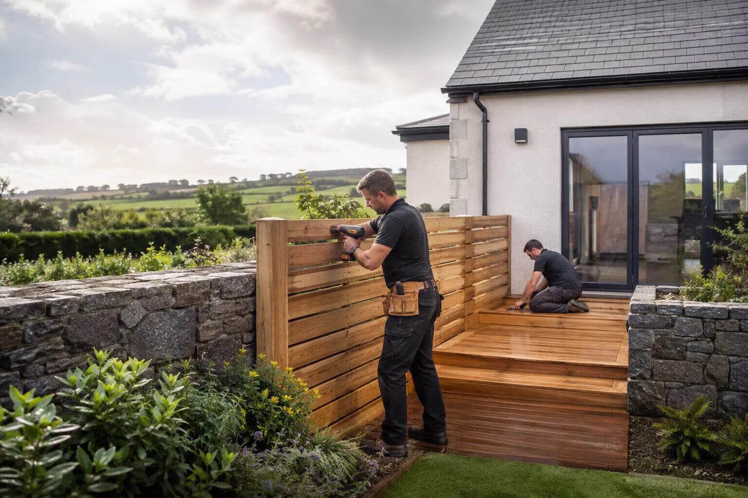 A fencer building a timber deck behind a house in Ireland