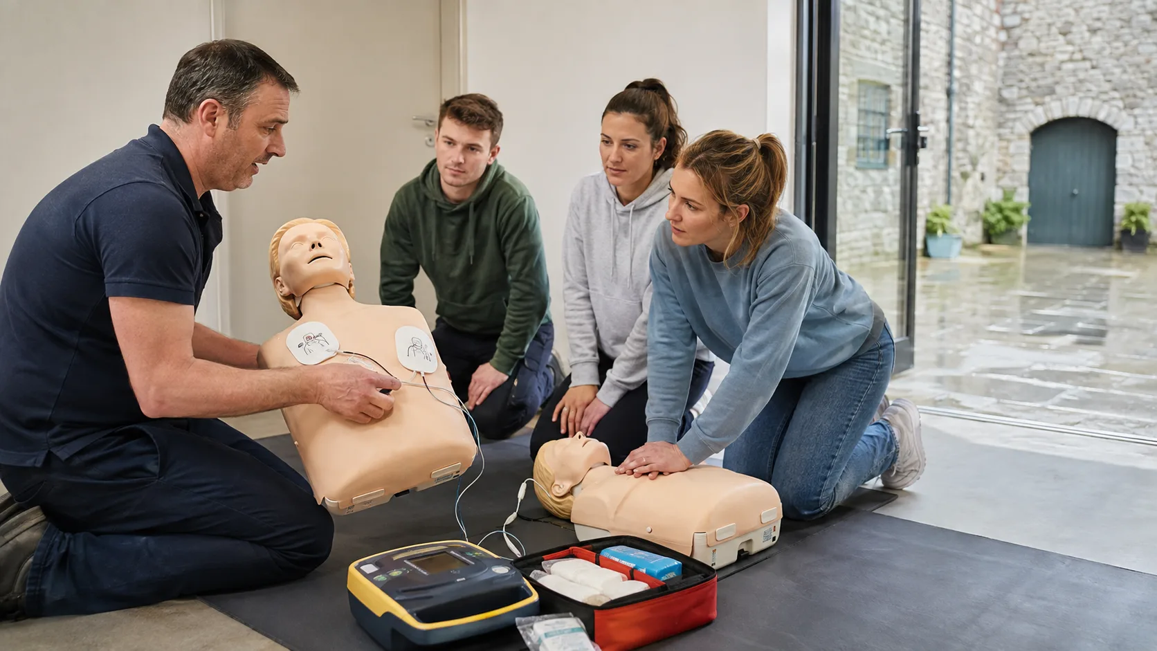 A trainer demonstrates practical first aid to an engaged adult class in Ireland