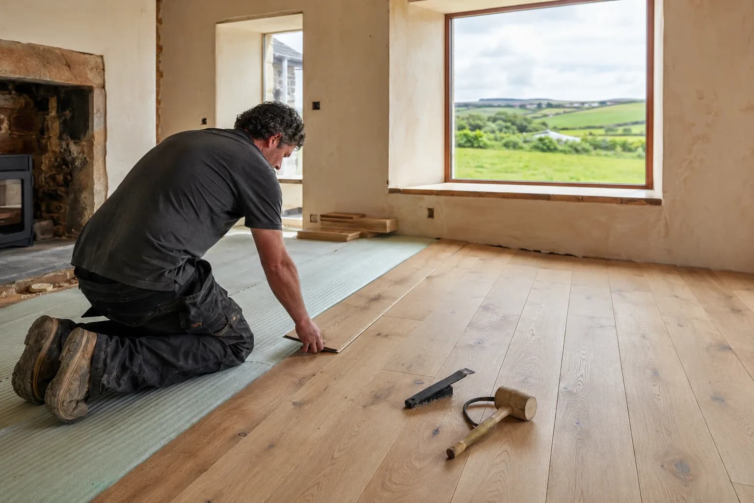 A floorlayer laying a timber floor in Ireland