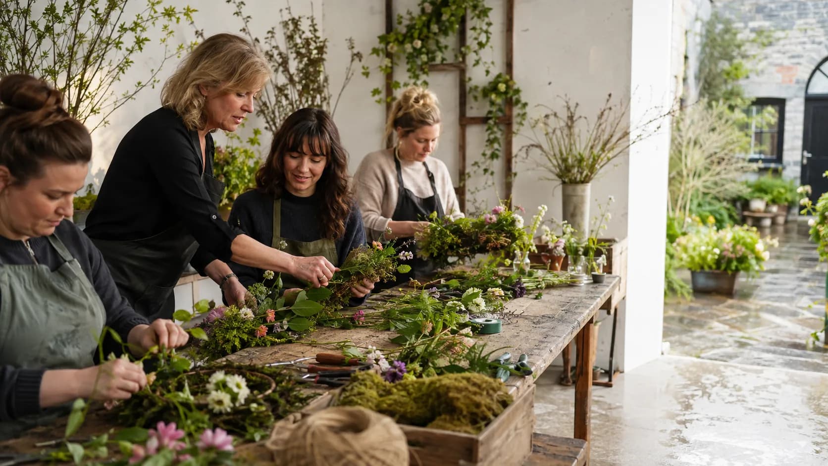 A tutor guiding hands over foliage at a bench in a rendered studio in Ireland