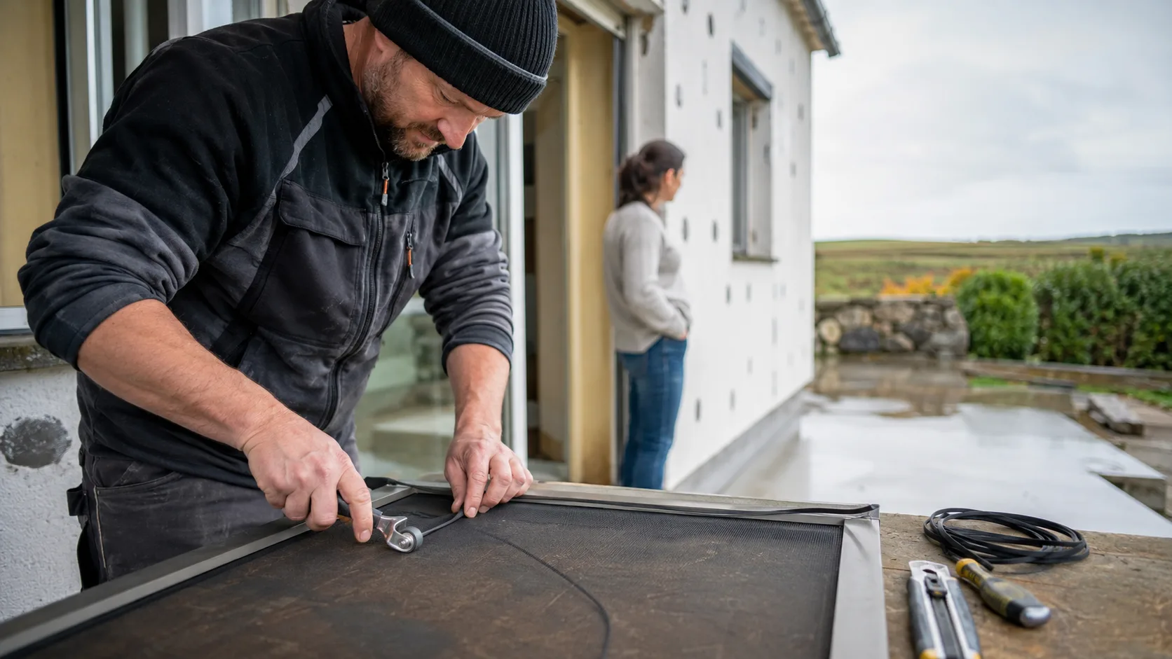 A flyscreen fitter resplining a panel at the van in Ireland