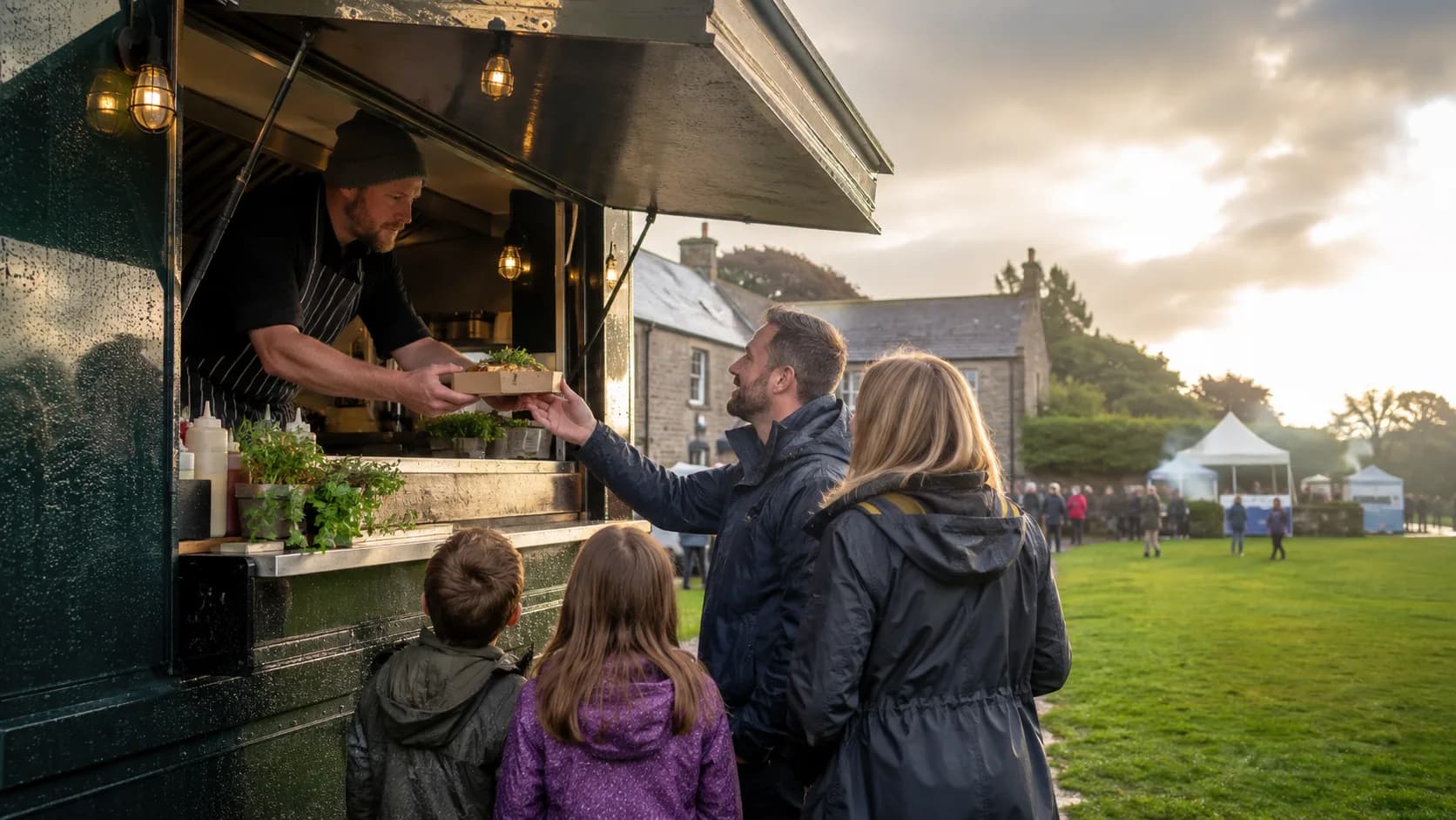 food truck serving a family at a green outdoor festival in Ireland