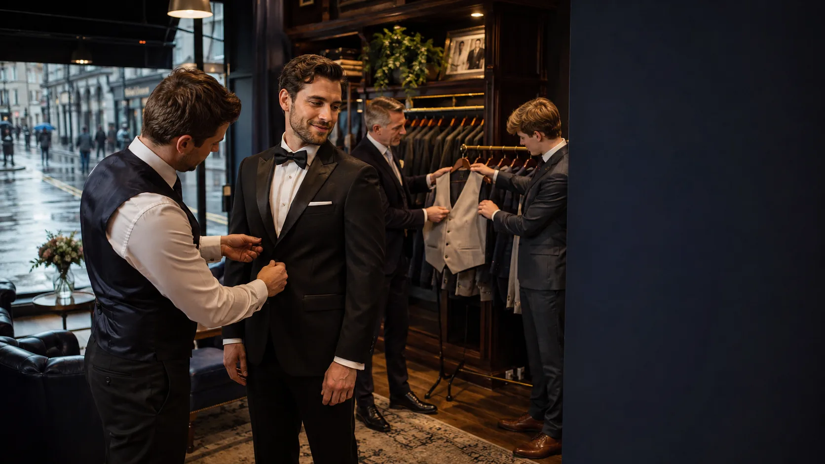 Customer receiving a fitted formal jacket inside a boutique in Ireland