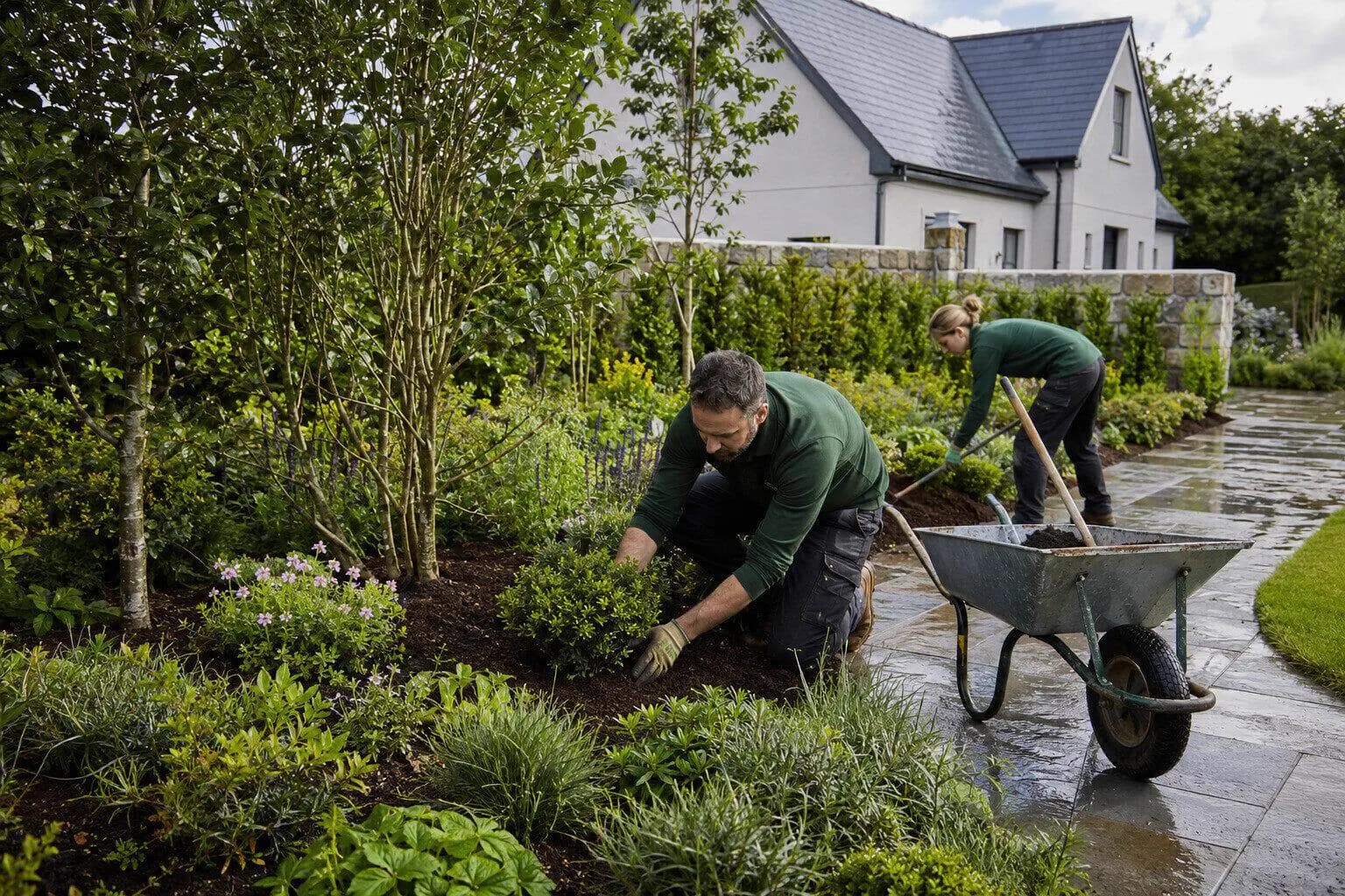 A landscaper working in a garden in Ireland