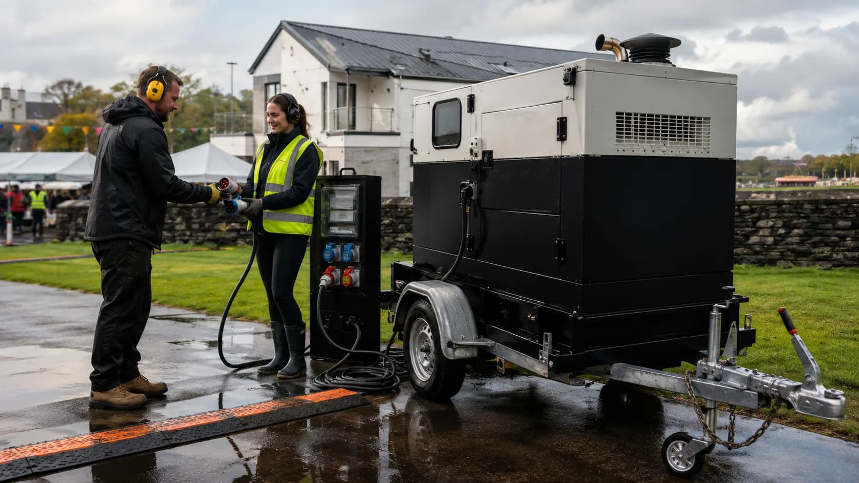 Technicians commissioning a generator at an event ground in Ireland