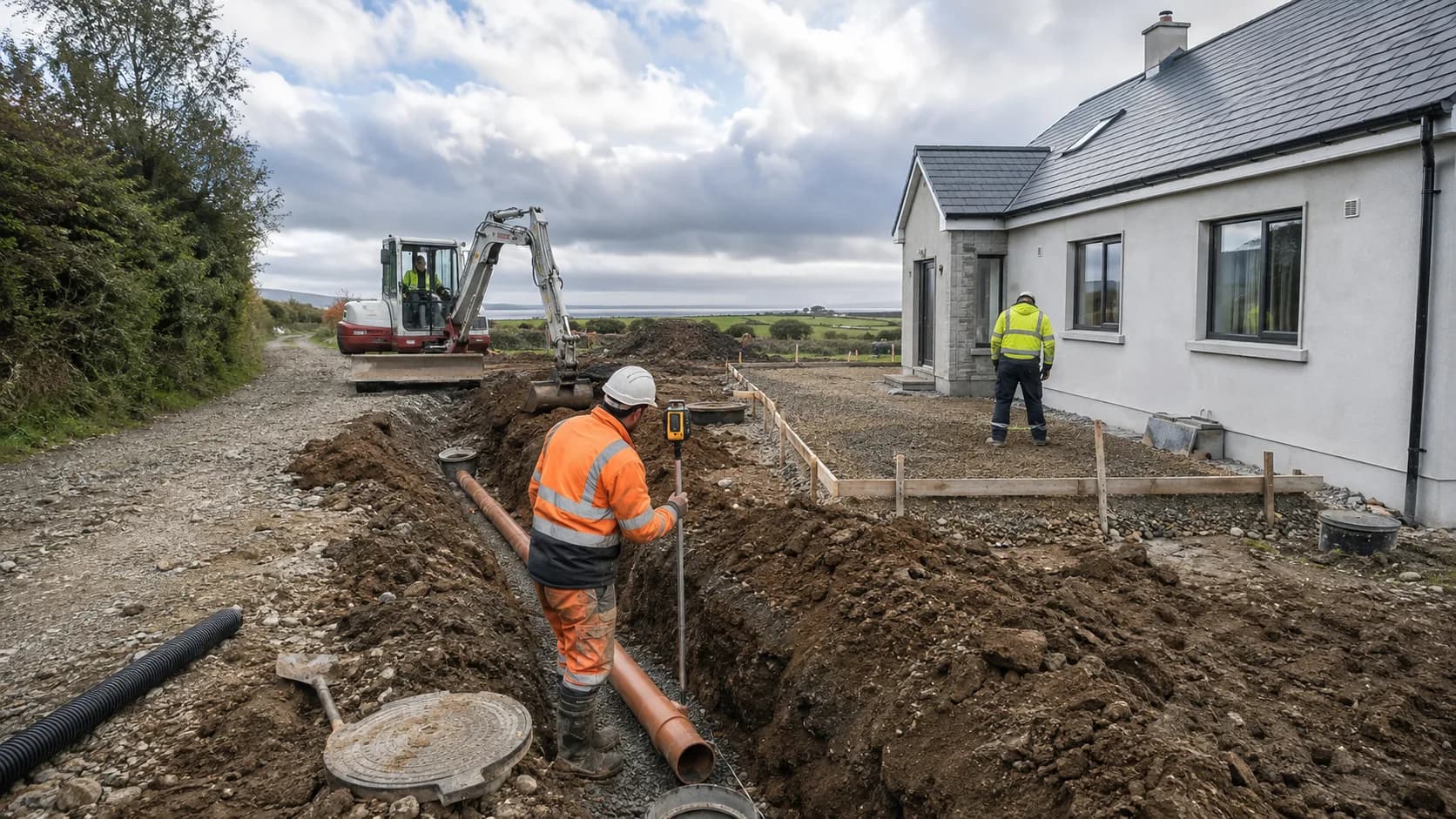 An excavator cutting a footing trench on a site in Ireland