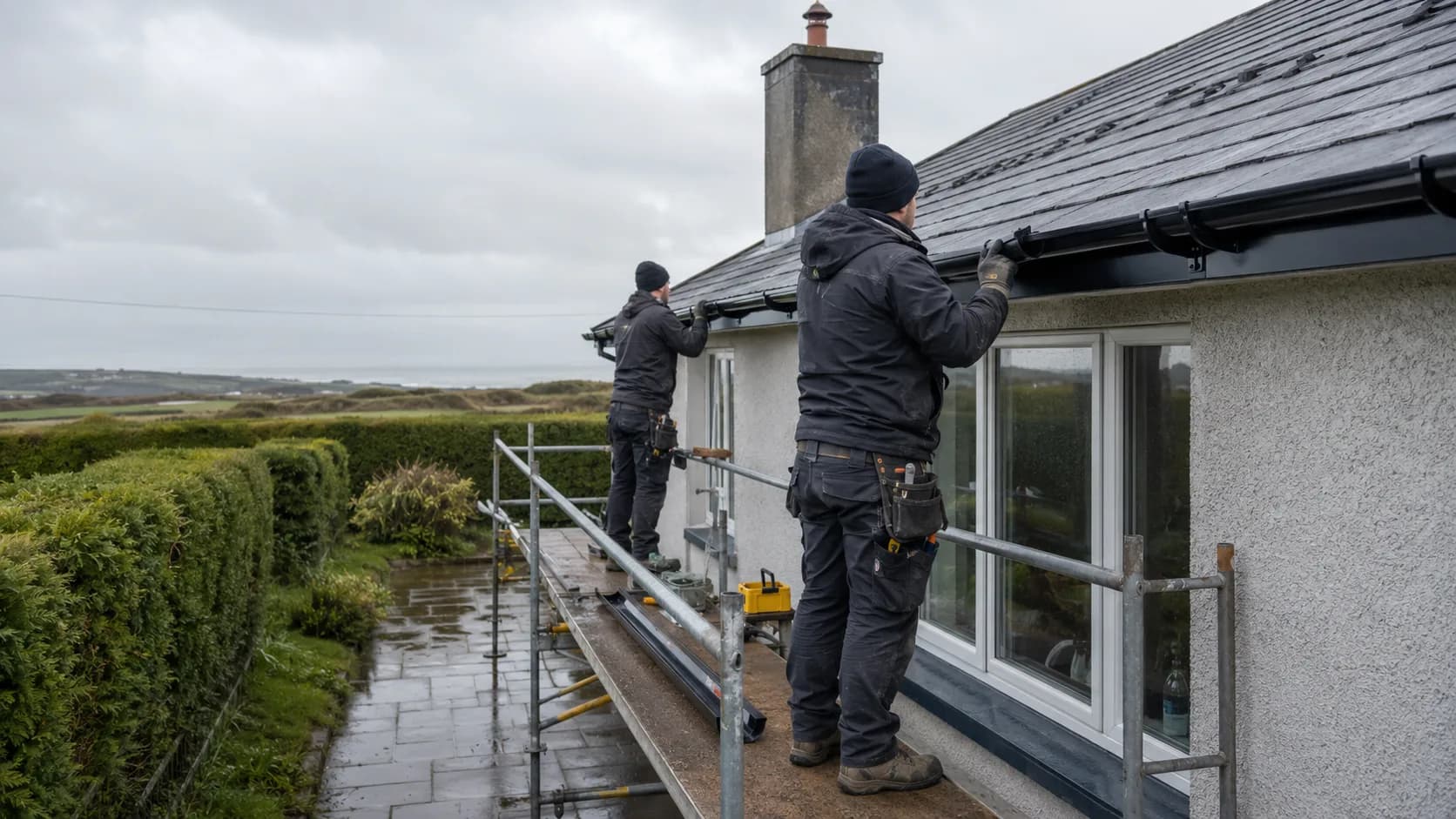 A fitter hanging a new gutter run in Ireland
