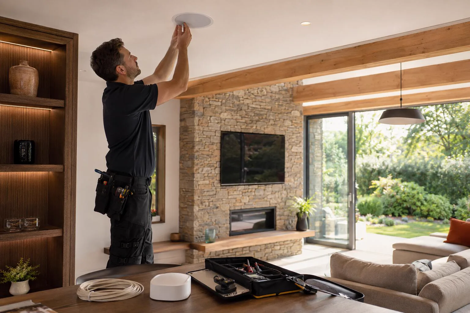 An installer commissioning a home control and audio system in Ireland