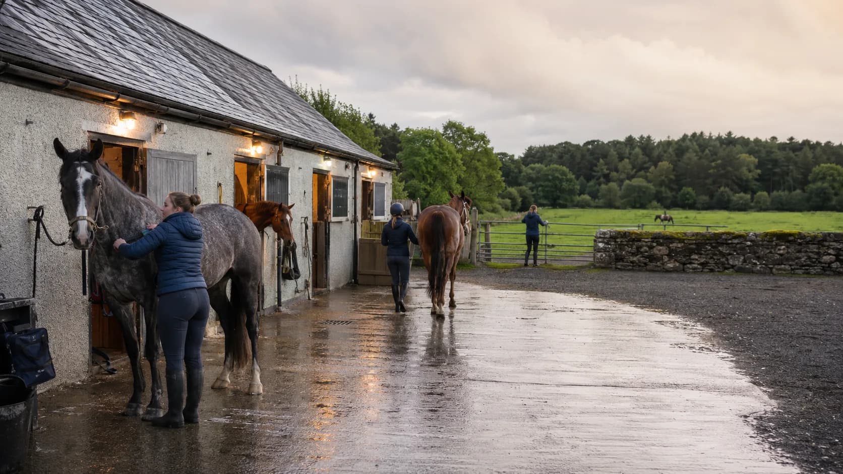 Customers arrive at an Irish stable or grazing place during a booked session