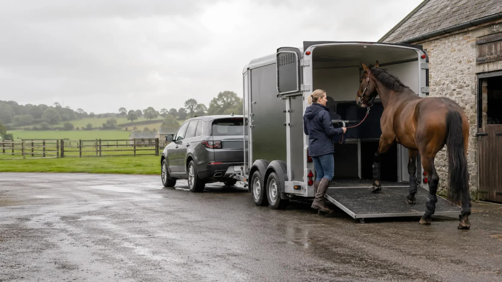 A horsebox is loaded at an Irish stud yard with stone walls and green fields behind