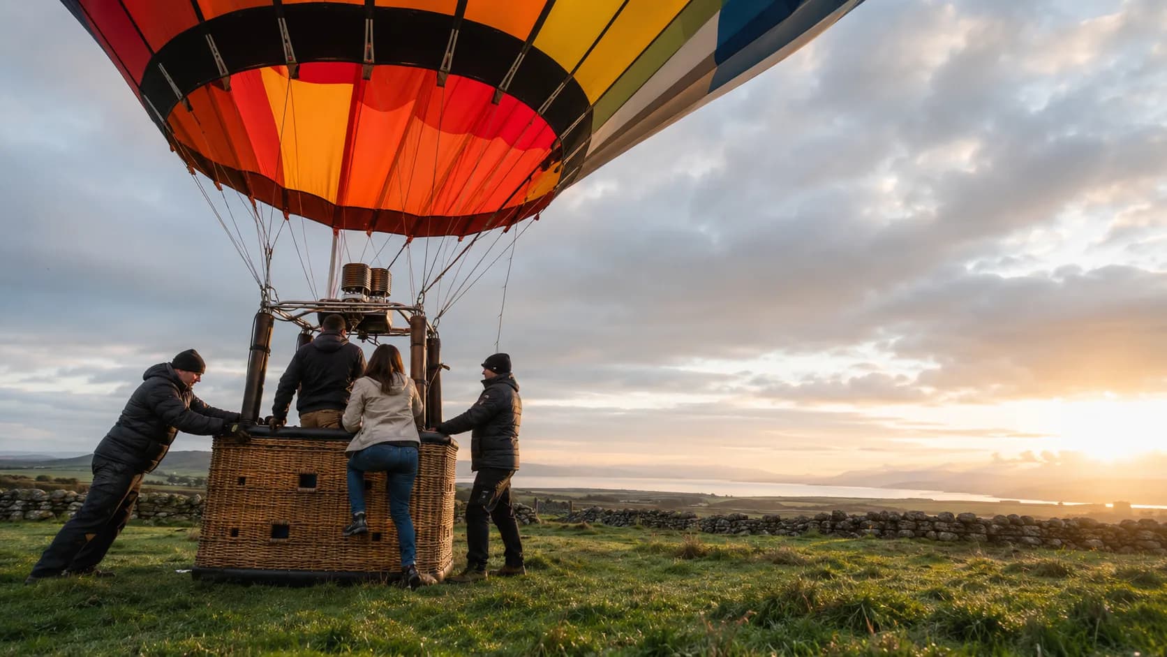 A balloon inflates in an Irish river valley at dawn with stone walls below
