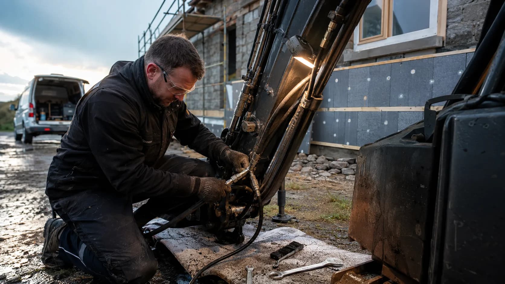 A mobile hose fitter crimping a hose beside a stopped machine in Ireland
