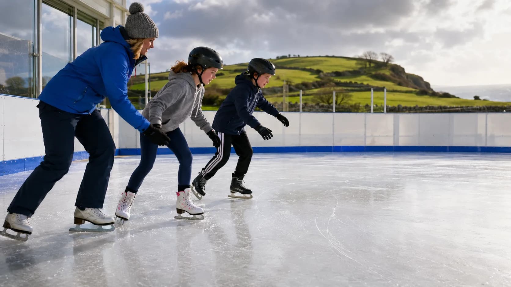 Skaters circle an indoor rink at an Irish leisure complex under bright lights