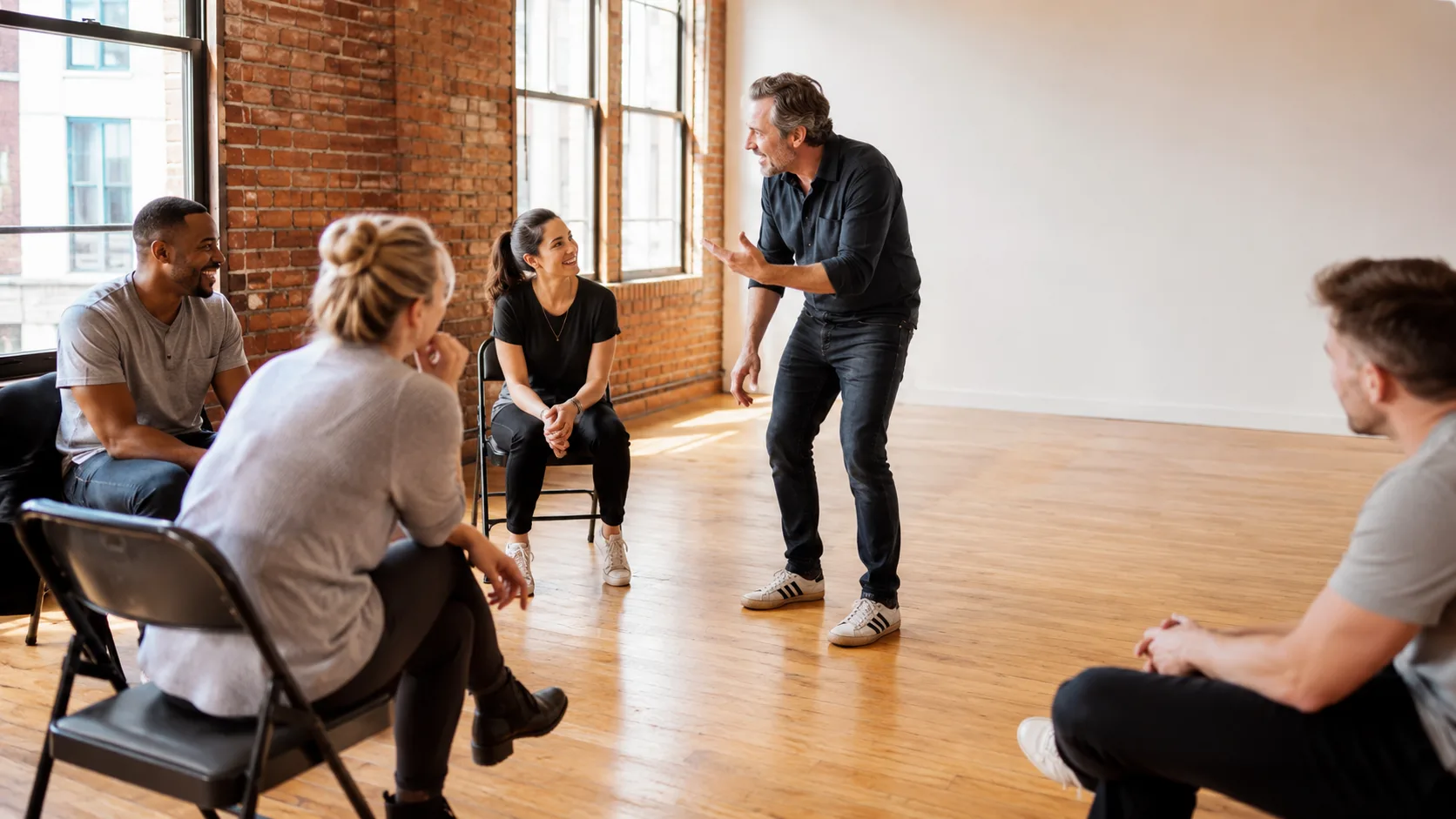 Facilitator guiding an improv exercise at an arts centre in Ireland